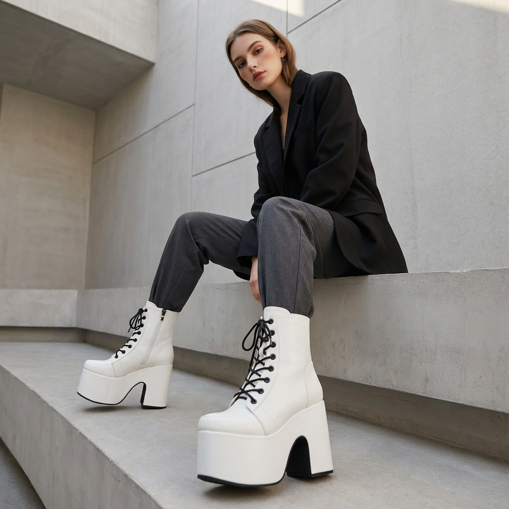 Bottes punk noires Tina pour femmes | Semelle épaisse, design à lacets
