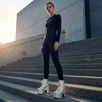 Bottes punk noires Tina pour femmes | Semelle épaisse, design à lacets