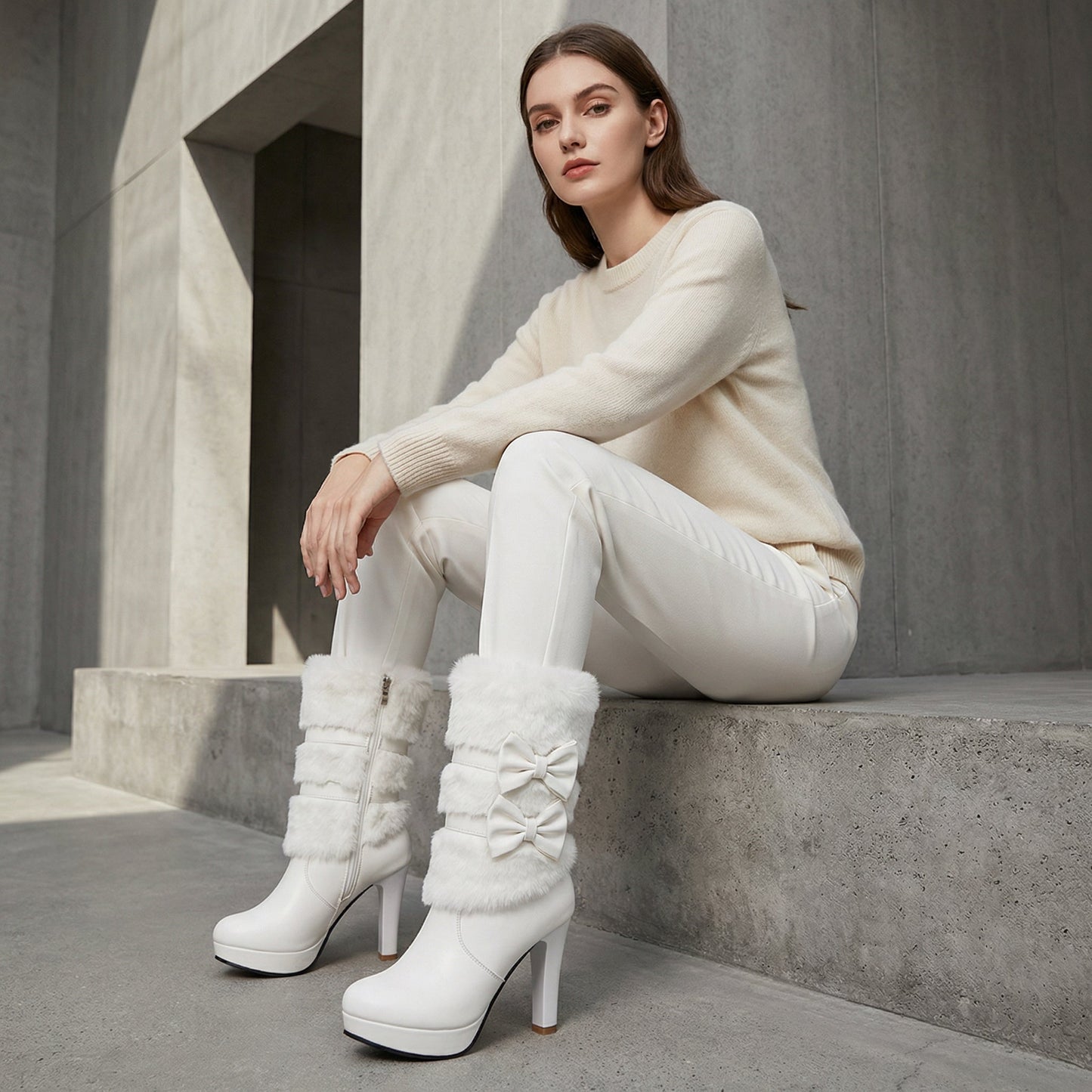 Bottes à Talons Hauts Femme Lola | Détail Pompon en Fourrure, Accent Nœud Papillon