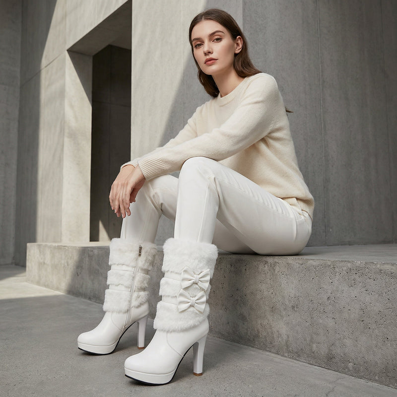 Bottes à Talons Hauts Femme Lola | Détail Pompon en Fourrure, Accent Nœud Papillon