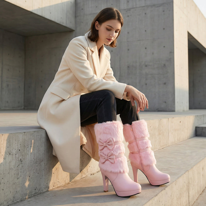 Bottes à Talons Hauts Femme Lola | Détail Pompon en Fourrure, Accent Nœud Papillon