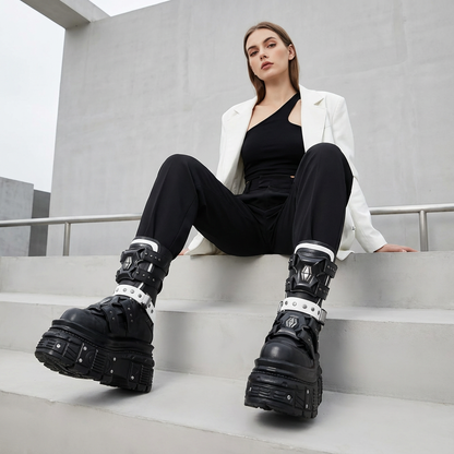 Bottes moto punk pour femmes | Semelle épaisse, design à boucle de ceinture