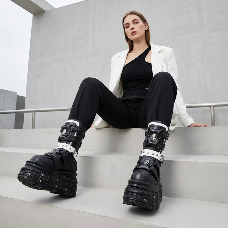 Bottes moto punk pour femmes | Semelle épaisse, design à boucle de ceinture