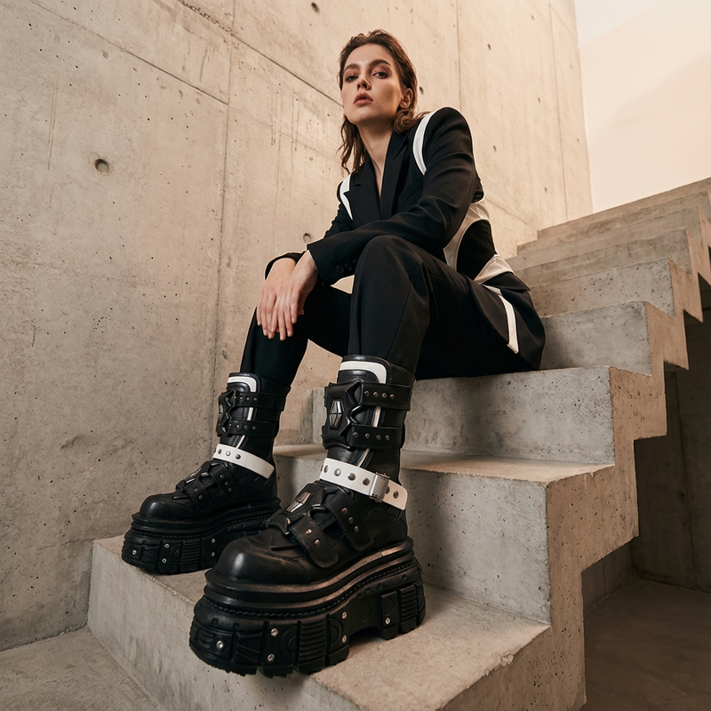 Bottes moto punk pour femmes | Semelle épaisse, design à boucle de ceinture