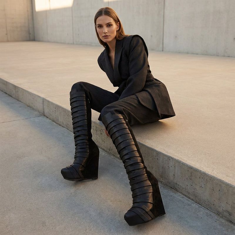 Bottes montantes élégantes pour femmes | Lanières en cuir, plateforme ronde