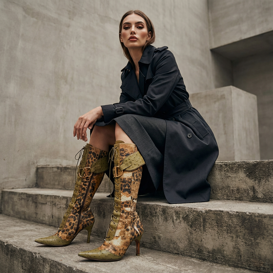 Bottes stilettos Gina pour femmes | Imprimé léopard vert, design luxueux