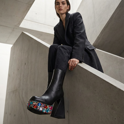 Bottines à plateforme Velmora pour femmes | Plateforme ornée de strass, talon bloc haut