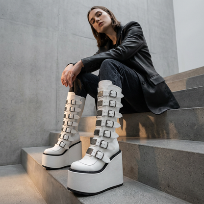 Bottes moto punk pour femmes | Design compensé, détail boucle de ceinture