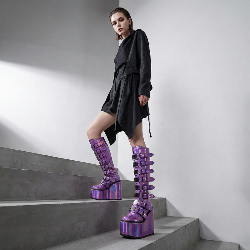 Bottes moto punk pour femmes | Design compensé, détail boucle de ceinture