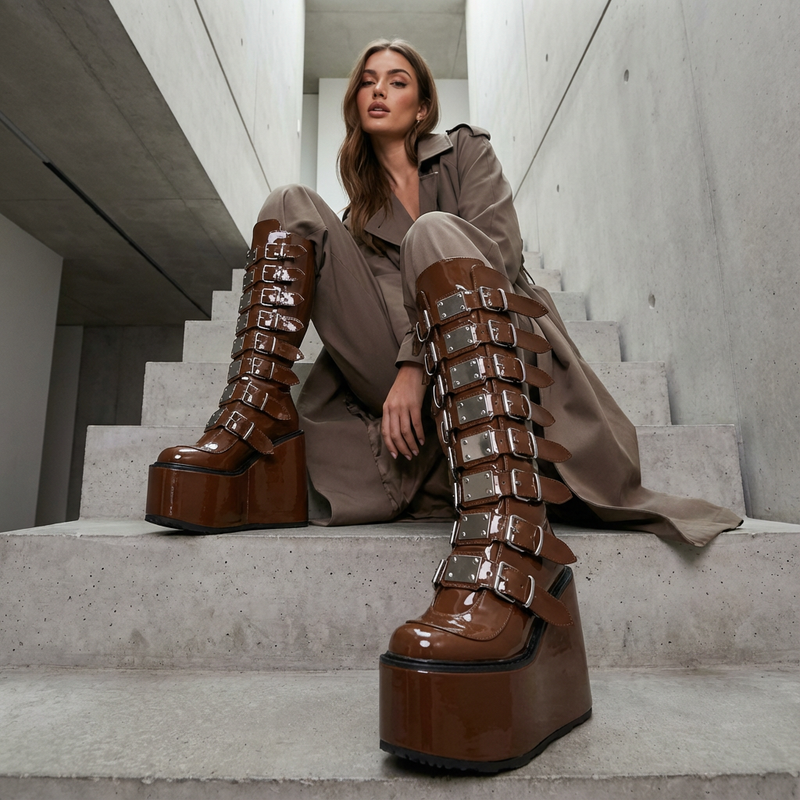 Bottes moto punk pour femmes | Design compensé, détail boucle de ceinture