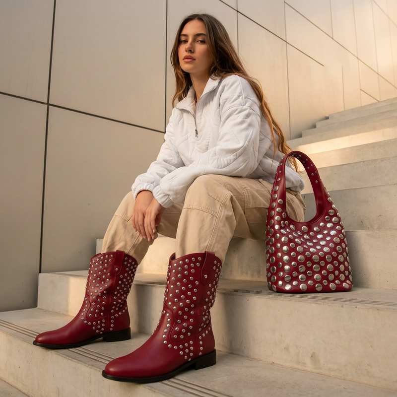 Fable Arden Women’s Studded Bucket Bag | Bold Metallic Detail, City Edge