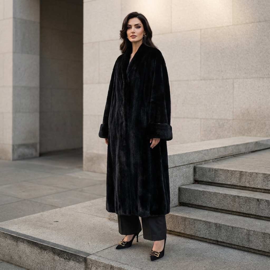 Manteau long en fausse fourrure pour femmes Lena | Col châle, larges poignets en fourrure