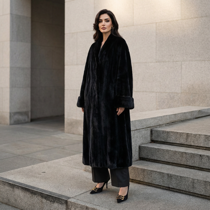 Manteau long en fausse fourrure pour femmes Lena | Col châle, larges poignets en fourrure