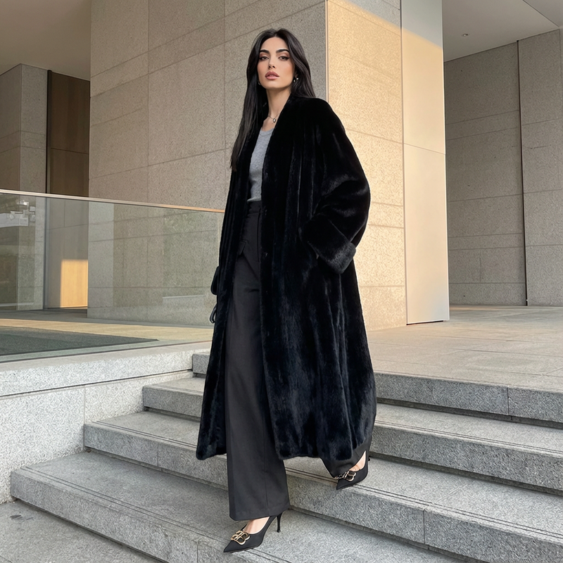 Manteau long en fausse fourrure pour femmes Lena | Col châle, larges poignets en fourrure