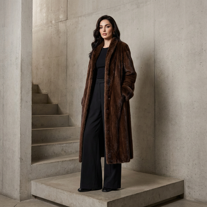 Manteau long en fausse fourrure pour femmes Lena | Col châle, larges poignets en fourrure