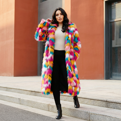 Abrigo de Piel Sintética para Mujer Evelyn | Diseño Arcoíris Vibrante, Abrigo de Invierno Elegante