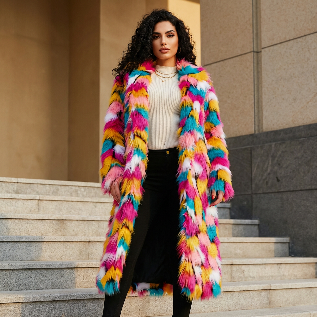 Abrigo de Piel Sintética para Mujer Evelyn | Diseño Arcoíris Vibrante, Abrigo de Invierno Elegante