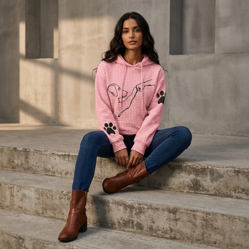 Sudadera de punto waffle para mujer Sablewyn | Gráfico de Línea de Perro, Bolsillo Canguro