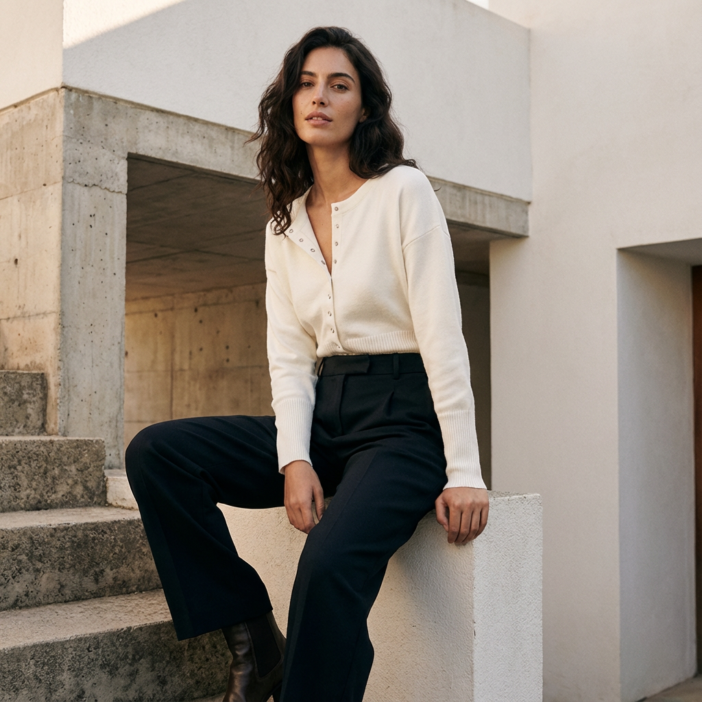 Cardigan à col rond Selene | Taille côtelée, silhouette ajustée