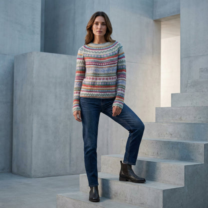 Pull Tricot Femme Avelyn | Encolure Bateau, Motif Multicolore