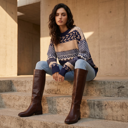 Pull Tricot Femme Zavira | Motif Nordique, Col Rond