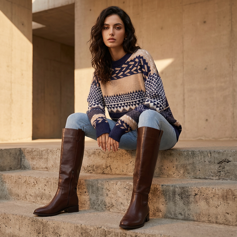 Pull Tricot Femme Zavira | Motif Nordique, Col Rond