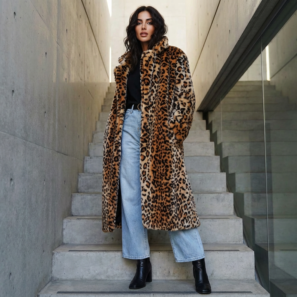 Abrigo de piel sintética para mujer Leona | Estampado de leopardo, cuello con muesca