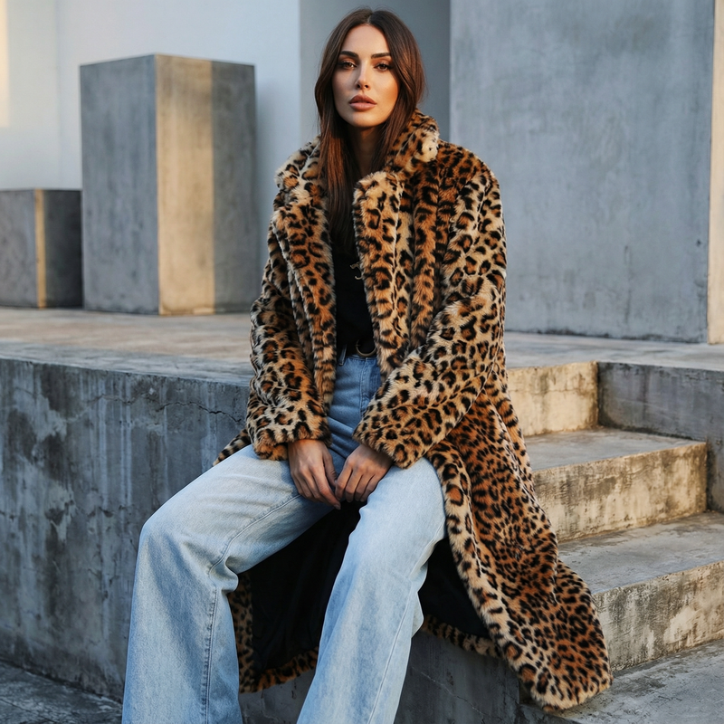 Abrigo de piel sintética para mujer Leona | Estampado de leopardo, cuello con muesca