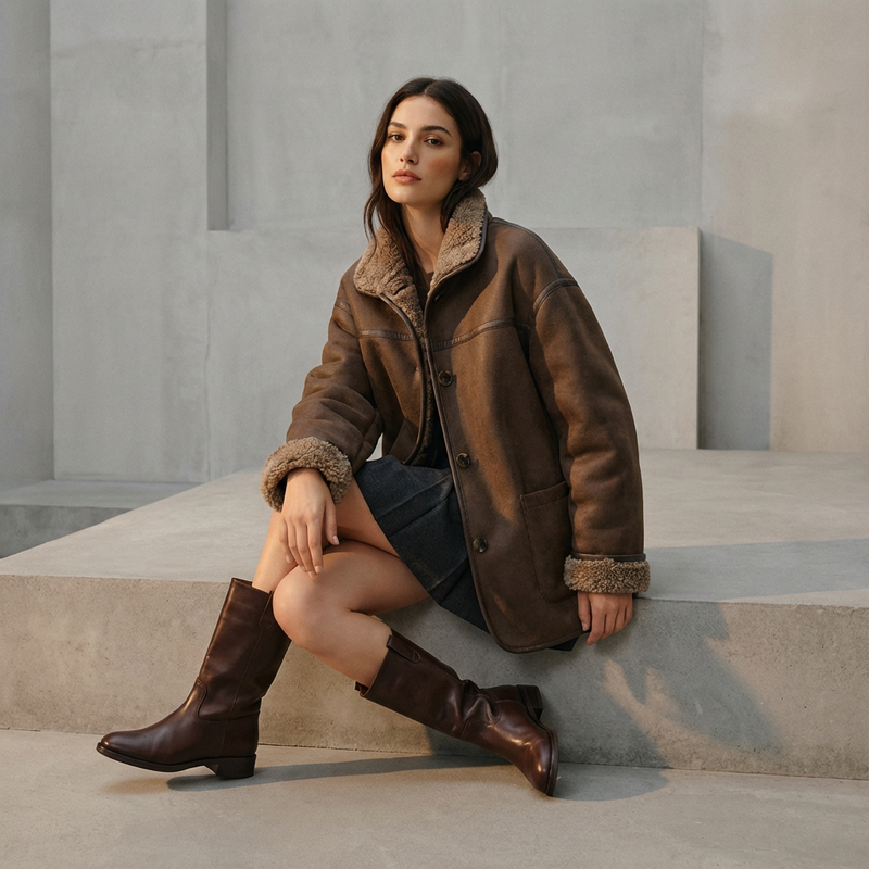 Manteau d'hiver double face Dura | Fausse fourrure marron réversible, style vintage américain