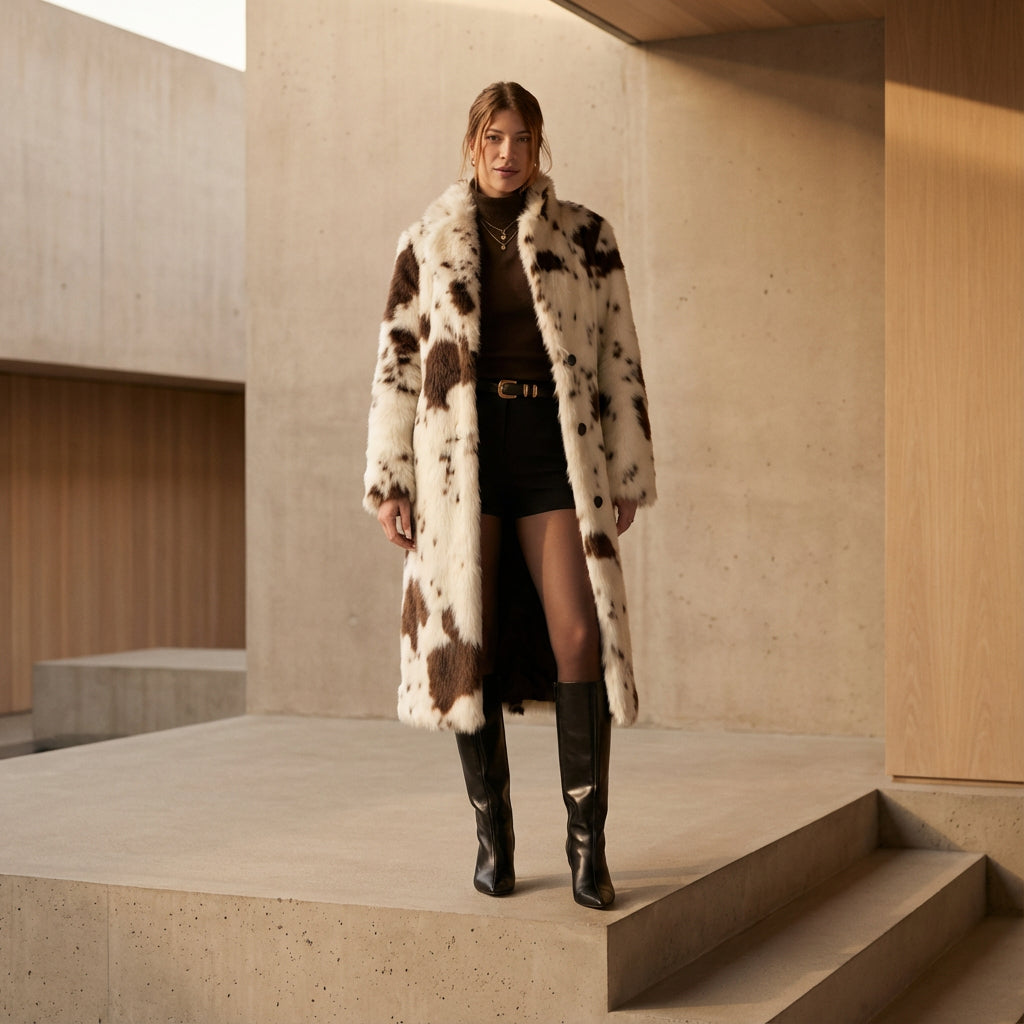 Abrigo de piel sintética para mujer Nina | Estampado de vaca, calidez invernal