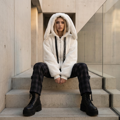 Chaqueta con capucha de piel sintética para mujer Neko | Capucha con orejas de conejo, detalle de punto cruzado