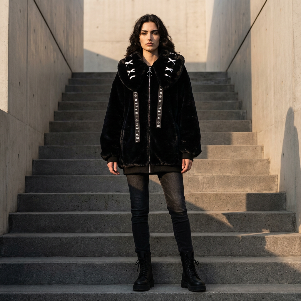 Chaqueta con capucha de piel sintética para mujer Neko | Capucha con orejas de conejo, detalle de punto cruzado