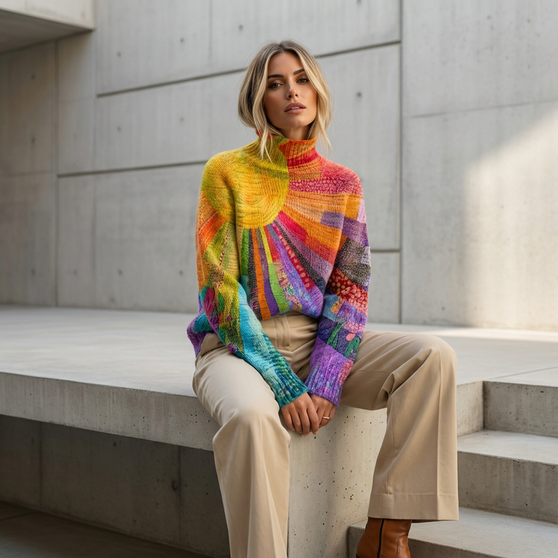Suéter de cuello alto para mujer Zerelle | Estampado de Parches Multicolor, Corte Relajado