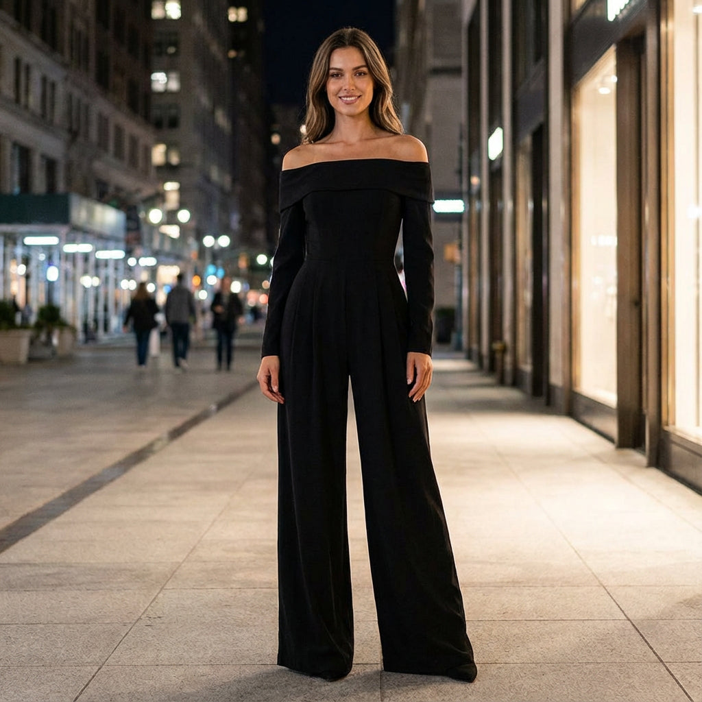 Combinaison pour femme Viola | Encolure épaules dénudées plissée, silhouette jambe large