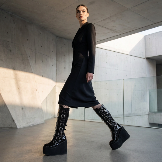 Bottes gothiques à plateforme montantes pour femmes Nyxra | Design multi-boucles, plateforme compensée