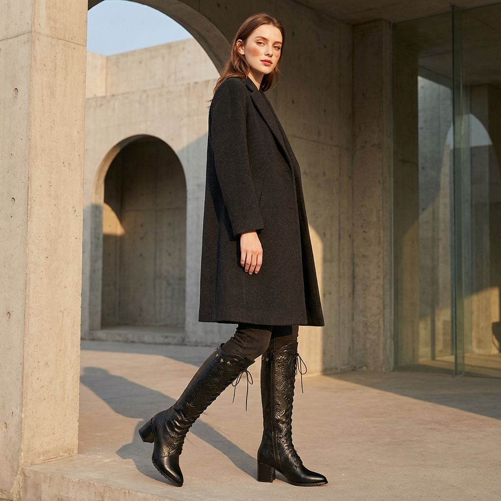 Bottes Montantes Femme Aureline à Motifs Embossés | Cuir Sculpté, Talon Bloc