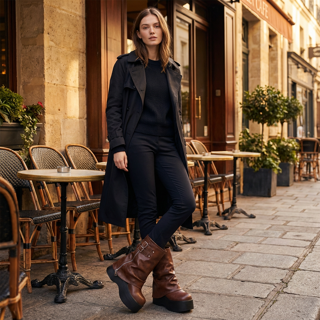 Bottes de Moto Épaisses Femme Sleek | Cuir Souple, Plateforme Haute