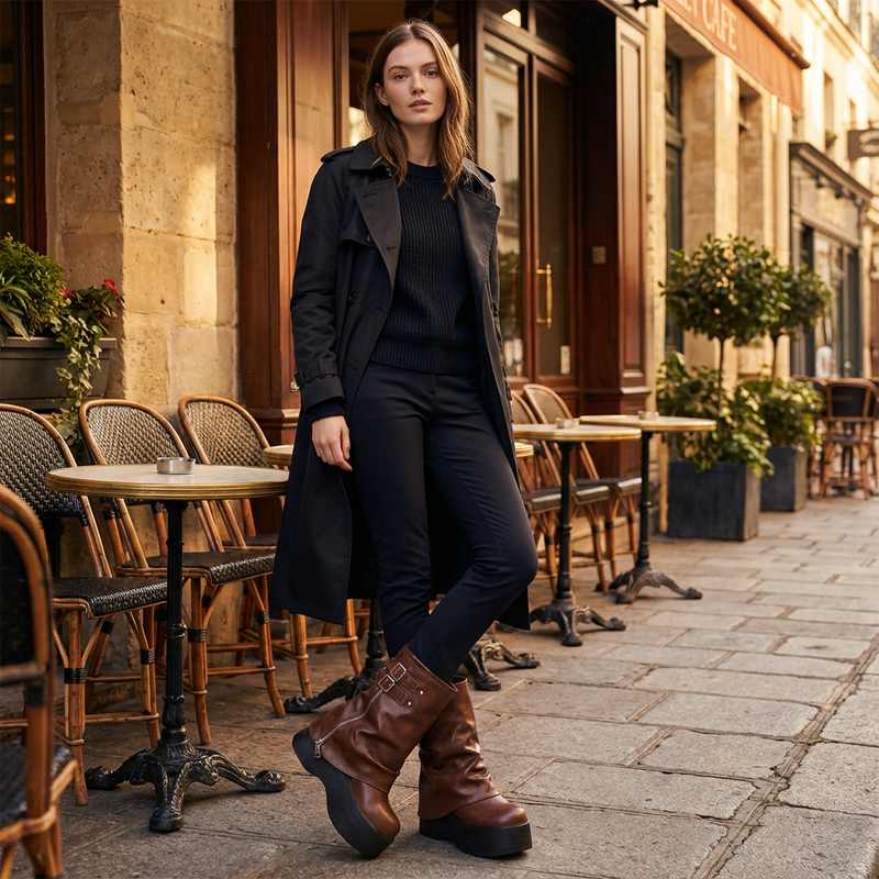 Bottes de Moto Épaisses Femme Sleek | Cuir Souple, Plateforme Haute