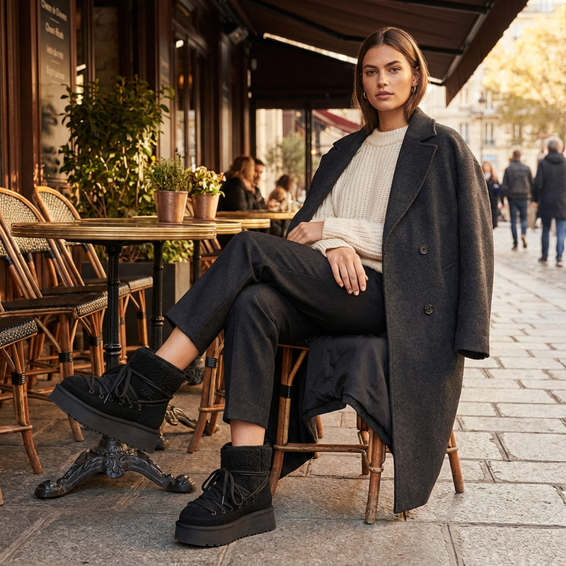 Bottes de neige noires pour femmes Bella | Cuir de vache, chaudes et élégantes