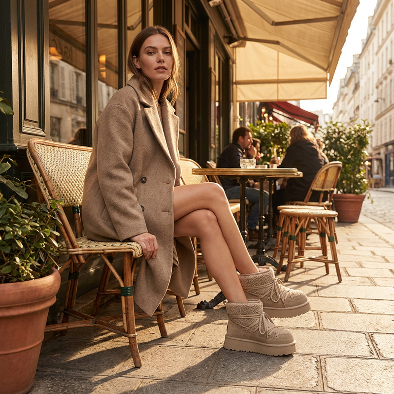 Bottes de neige noires pour femmes Bella | Cuir de vache, chaudes et élégantes