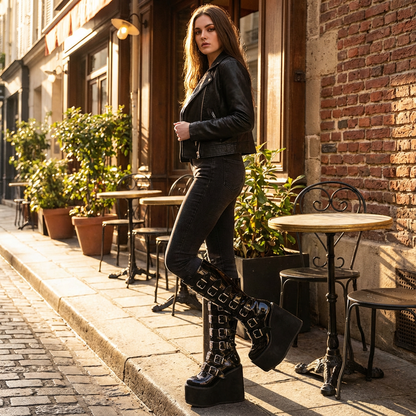 Bottes gothiques à plateforme montantes pour femmes Nyxra | Design multi-boucles, plateforme compensée