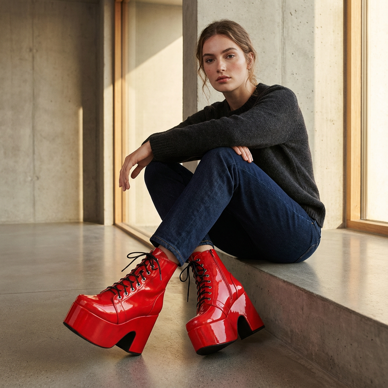 Bottes punk noires Tina pour femmes | Semelle épaisse, design à lacets