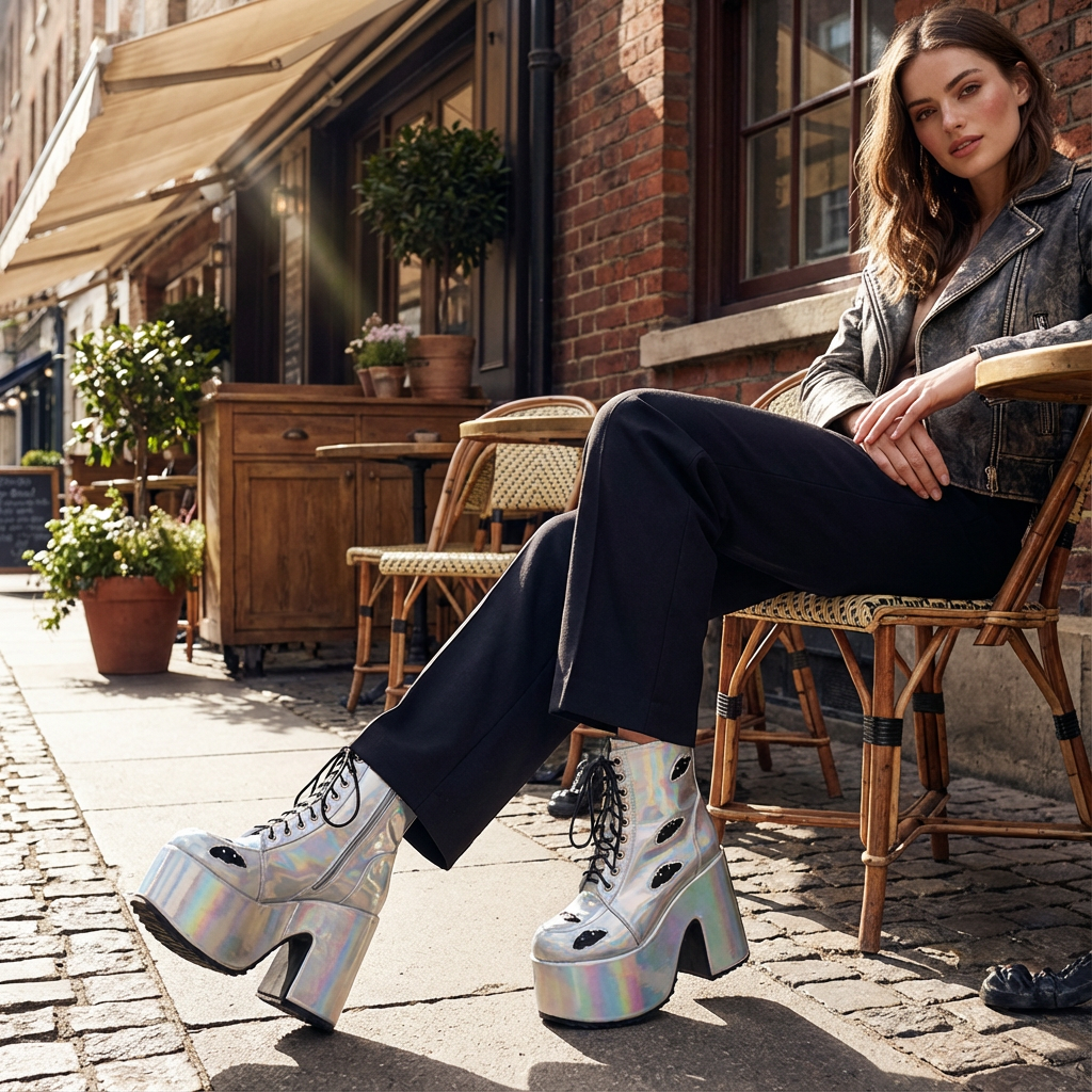 Bottes punk noires Tina pour femmes | Semelle épaisse, design à lacets