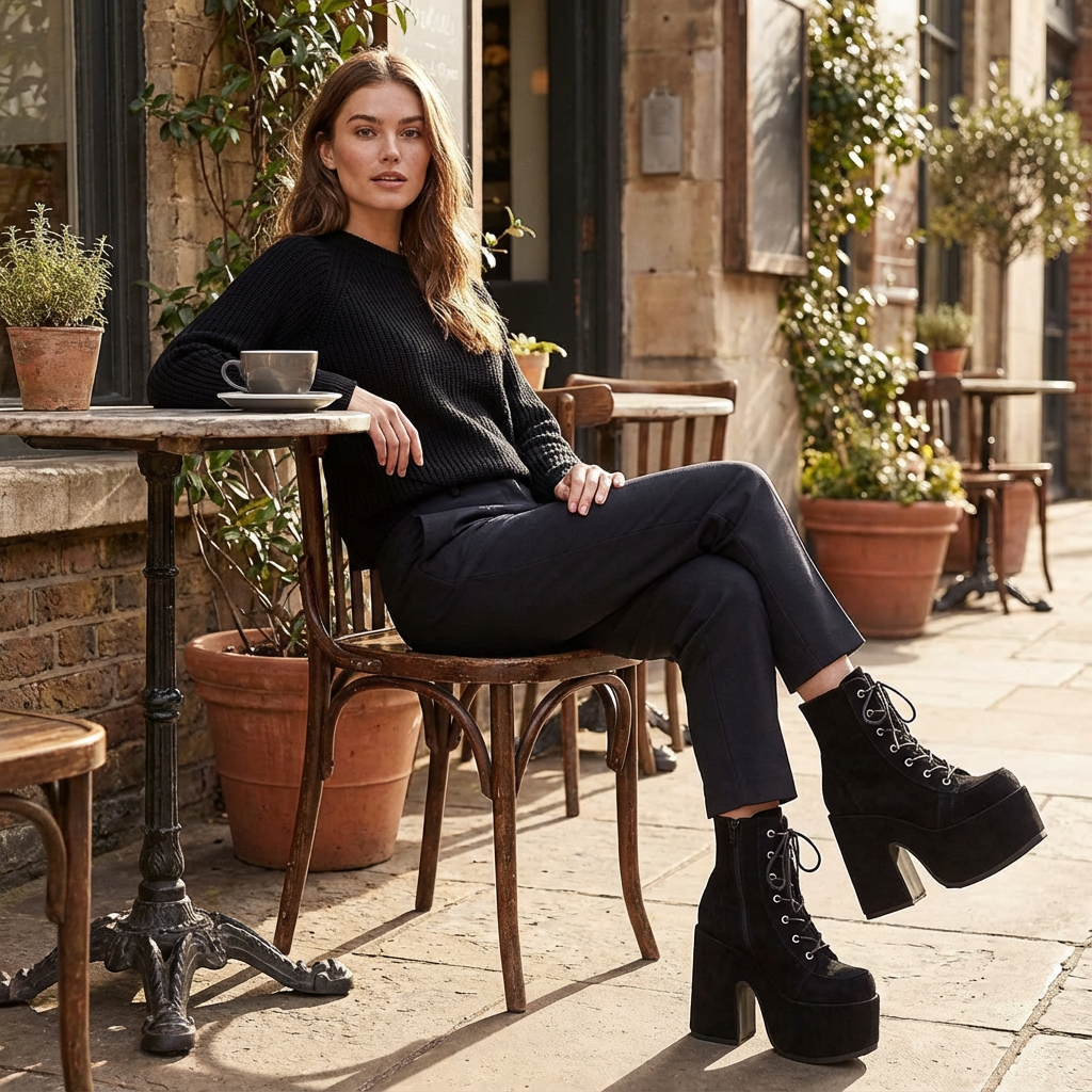 Bottes punk noires Tina pour femmes | Semelle épaisse, design à lacets