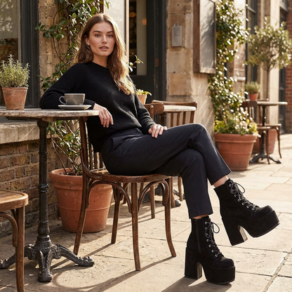 Bottes punk noires Tina pour femmes | Semelle épaisse, design à lacets