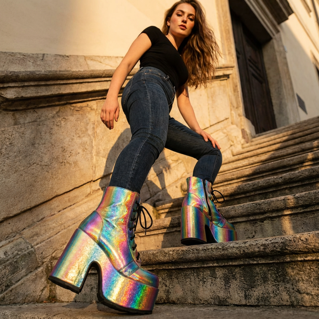 Bottes punk noires Tina pour femmes | Semelle épaisse, design à lacets