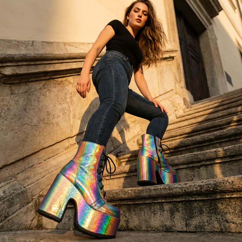 Bottes punk noires Tina pour femmes | Semelle épaisse, design à lacets
