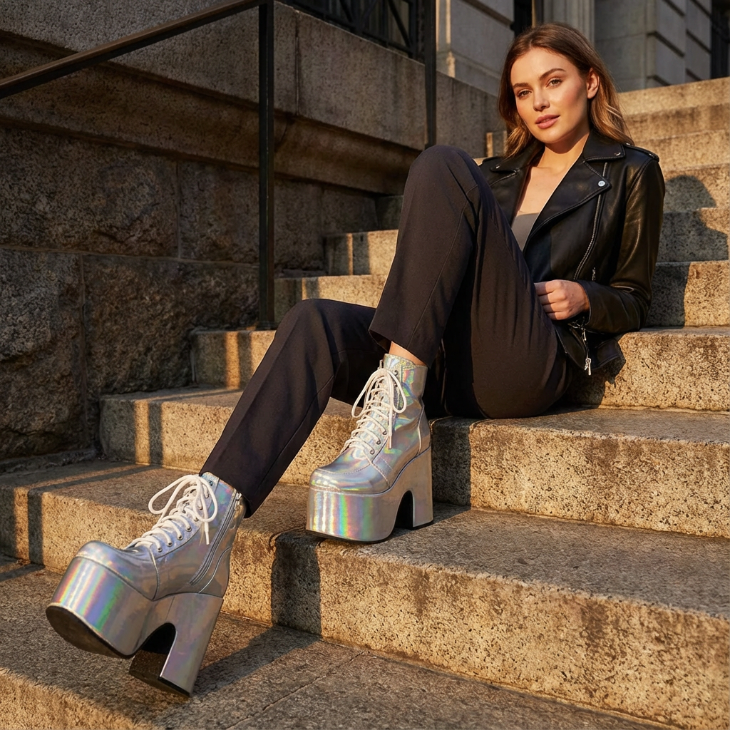 Bottes punk noires Tina pour femmes | Semelle épaisse, design à lacets