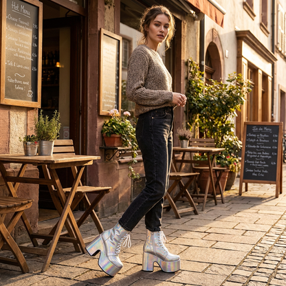 Bottes punk noires Tina pour femmes | Semelle épaisse, design à lacets