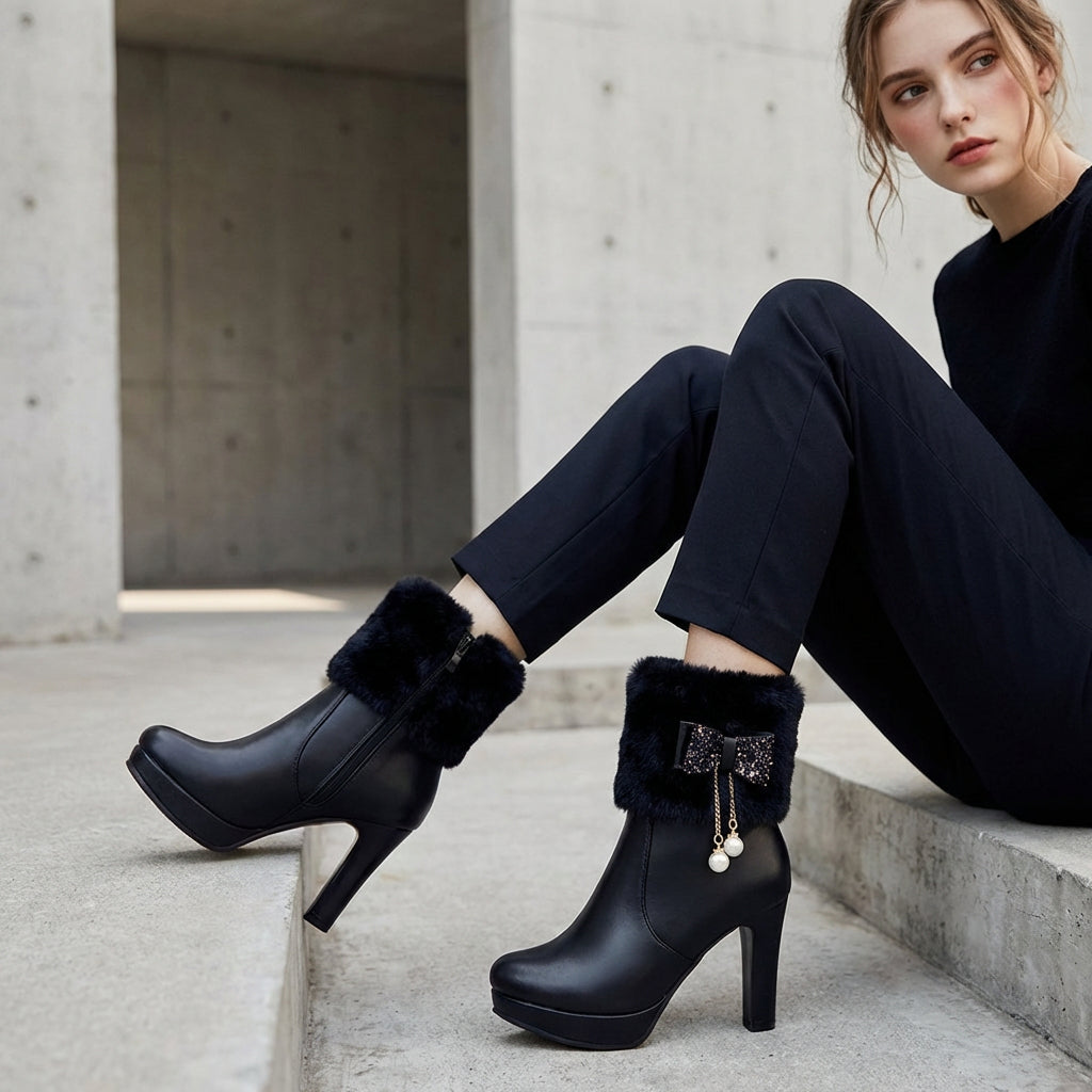 Bottines à talons hauts pour femmes Elowen | Bordure en fausse fourrure, détail nœud